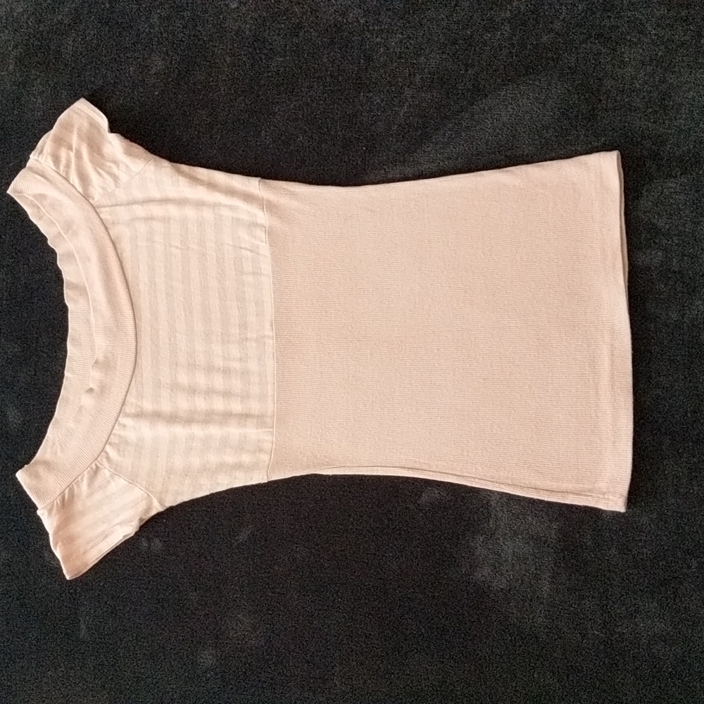 Off-Shoulder Ribbed and Horizontal Stripes Stretch Pink Tee
